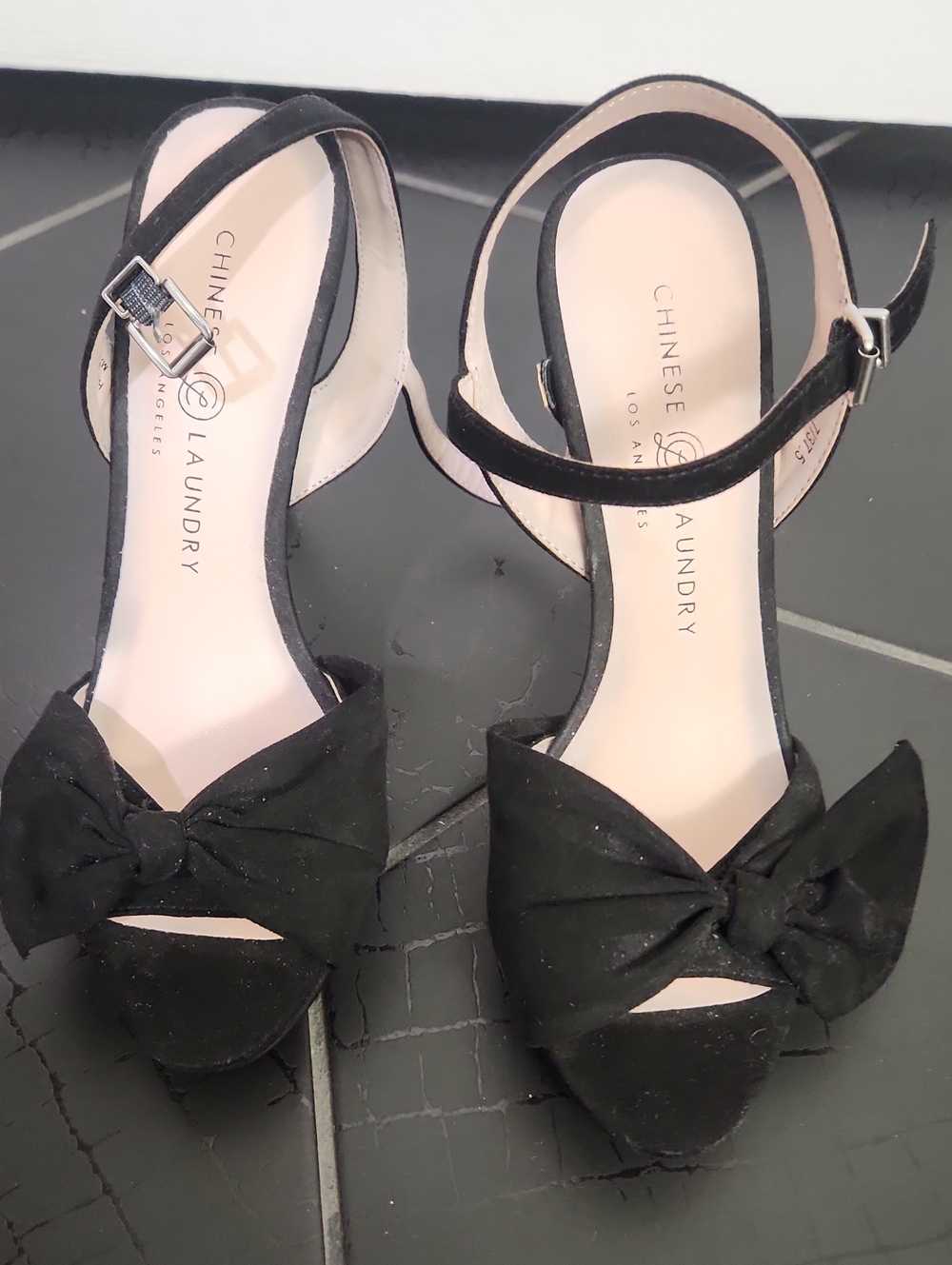 Chinese Laundry Black Bow Open-Toe Ankle-Strap Heels Size 7